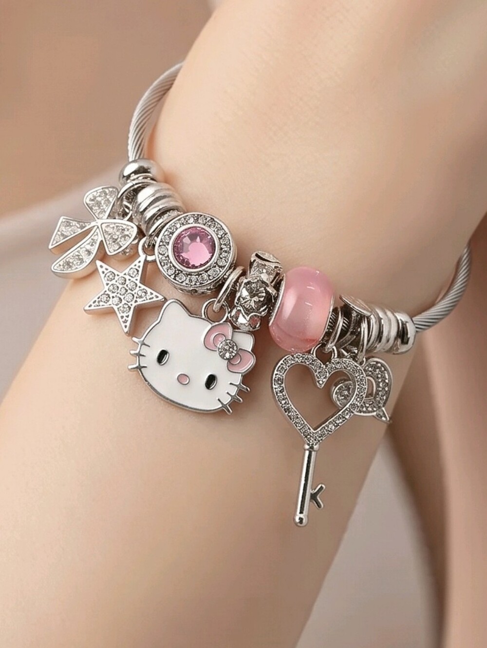 Hello Kitty Charm Bracelet Pink Silver Rhinestone Heart Bow Star Cat Beaded Set